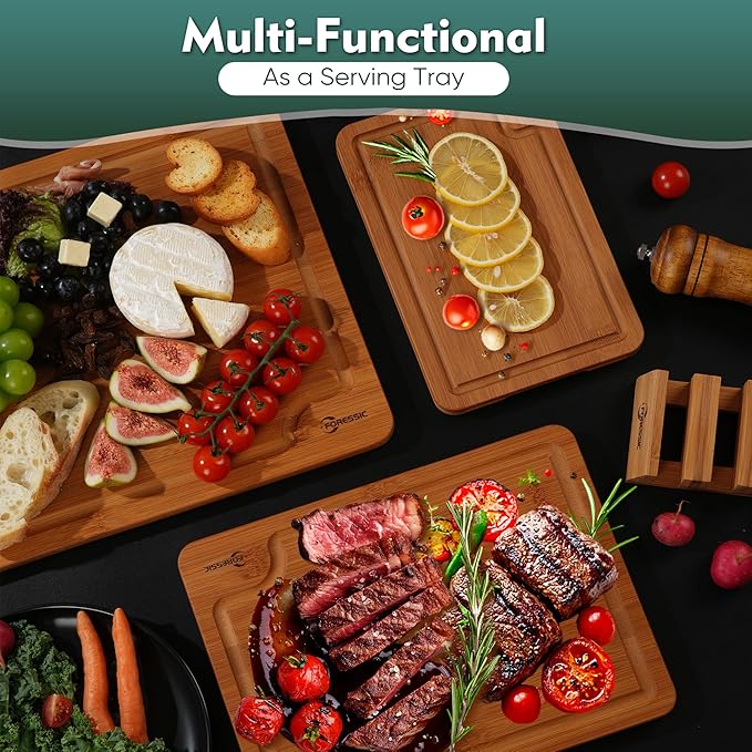 Bamboo Cutting Board Set Non Slip Feet Over Sink Carbonized Bamboo Set With Smooth Surface Knife-Friendly and Easy Storage For Kitchens Meal Prep & Serving Kitchen Gadgets（Carbonized）