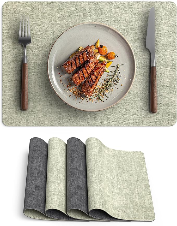 Faux Leather Vinyl Placemats Set of 4 Wipeable Heat Resistant Place Mats 100% Washable - Waterproof - Anti Slip Reversible Table Mats for Kitchen/Dining/Party, 12" x 16.5", Grass Green & Black