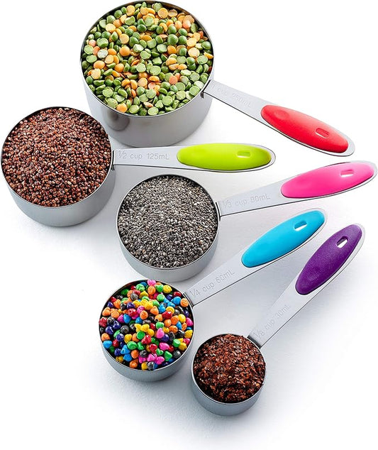 Bellemain Stainless Steel Measuring Cups Set of 5 – Nesting Metal Measuring Cups for Kitchen – Dry & Liquid Measurements (ML & OZ), Dishwasher Safe, Ergonomic Design with Colored Handles