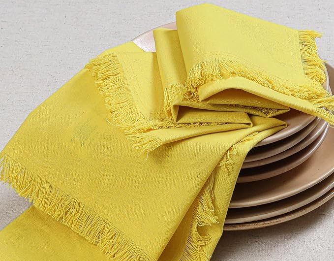 Bedding Craft Cotton Cloth Dinner Napkins Set of 12 – 18x18 Yellow with Decorative Lace Selvedge – Machine Washable Fabric Napkins for Weddings, Baby Showers, Parties & Everyday Dining
