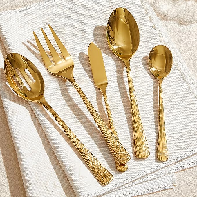 KINGSTONE Gold Hammered Silverware Set, Flatware Set with Serving Utensils, 18/10 Stainless Steel Premium Cutlery with Unique Ripple Handles Design Mirror Polished - Dishwasher Safe (65-Piece)