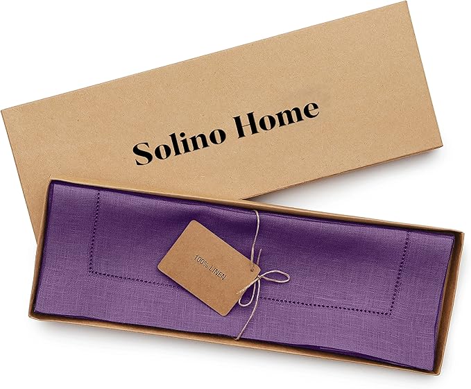Solino Home Linen Cloth Placemats Set of 6-100% Pure Linen Hemstitch Purple Placemats 14 x 19 Inch - Classic Hemstitch Table Place Mats for Fall, Autumn, Thanksgiving, Christmas