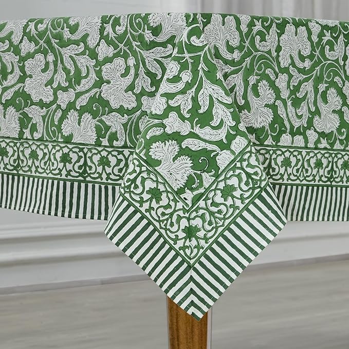 Ridhi Pantone Artichoke Hand Block Print Cotton Rectangle Tablecloth 118 x 70 inch-Reusable Table Cover Decorative Everyday Use for Dining Room, Farmhouse, Thanksgiving, Christmas Wedding, Fall