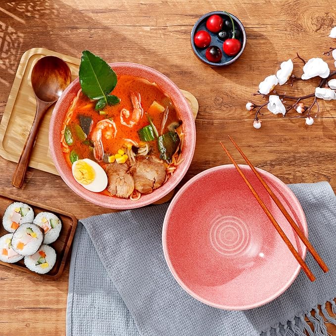 NUTRIUPS 8 Inch Ceramic Ramen Bowl Set of 2 Pho Bowls 40oz Japanese Noodle Udon Soup Bowls with Spoons and Chopsticks (pink)