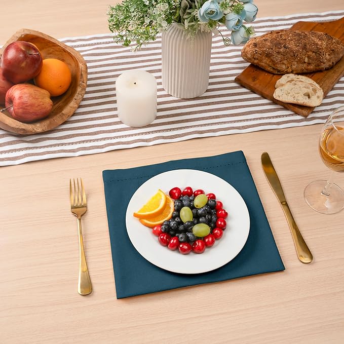 Blue Needles Set of 12 Hemstitch Linen Napkins 100% Cotton Crystal Teal Cloth Dinner Napkins 18x18 inches, Soft Reusable Absorbent Washable, Ideal for Fall Thanksgiving Events, Parties & Everyday Use