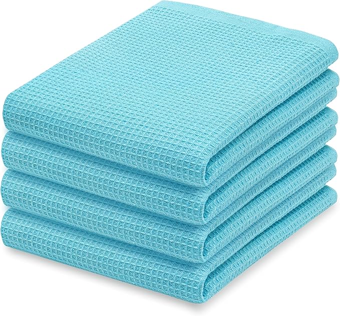 PurpleEssences Waffle Weave Kitchen Towel, 100% Cotton, 15x25 Inches, with Hanging Loop Ultra Soft Absorbent Quick Drying Dish Cloth, Tea and Hand Towels, 6 Pack - Christmas Holiday Winter - Aqua Blue