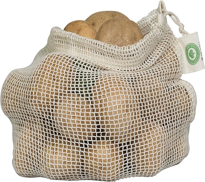 Reusable Mesh Vegetable Bags of 100% Organic Cotton - 6 Pieces Perfect Net Produce Bags - Eco-friendly, Bio-degradable & Washable Fruit, Vegetable & Produce Bags (3 Medium, 3 Small)