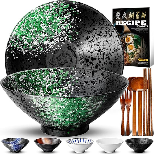 8-Inch Ceramic Ramen Bowl Set of 2 (9 Piece) - Porcelain Japanese Salad Noodles Cereal Fruit Pasta Soup Large Bowls with Recipes Chopsticks Forks Spoons for Men Women Gift Microwave & Dishwasher Safe