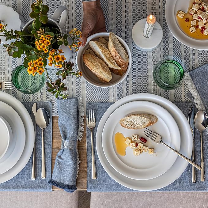 over&back Rim Dinnerware Set - Stoneware Dishes - Comes with 4 Dinner Plates, Salad Plates, Cereal Bowls, and Dinner Bowls - 16-Piece All-Occasion Place Settings - Serves Four - Semi-Matte White