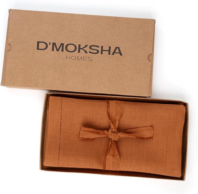 D'Moksha Homes Rust Linen Napkins Set of 4 - Classic Hemstitch 100% Pure Linen Hemstitch Dinner Napkins 20 x 20 Inch for Fall, Thanksgiving, Holiday - Handcrafted and Machine Washable