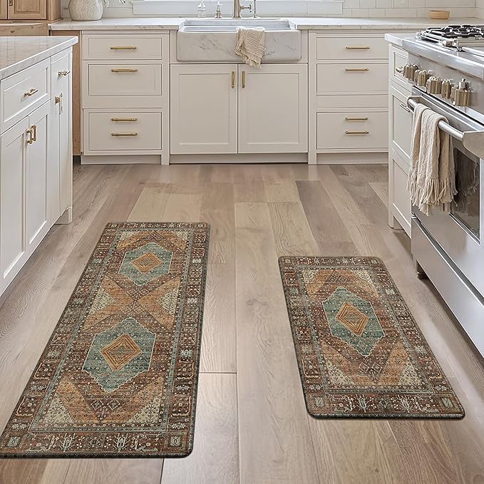 GENIMO Kitchen Mats for Floor 2PCs, Washable Anti Fatigue Mat for Cushioned, 17.3"x47"+17.3"x30", Waterproof Kitchen Rugs, Non Slip Comfort Standing Mat Rug for Home, Sink, Laundry, Brick