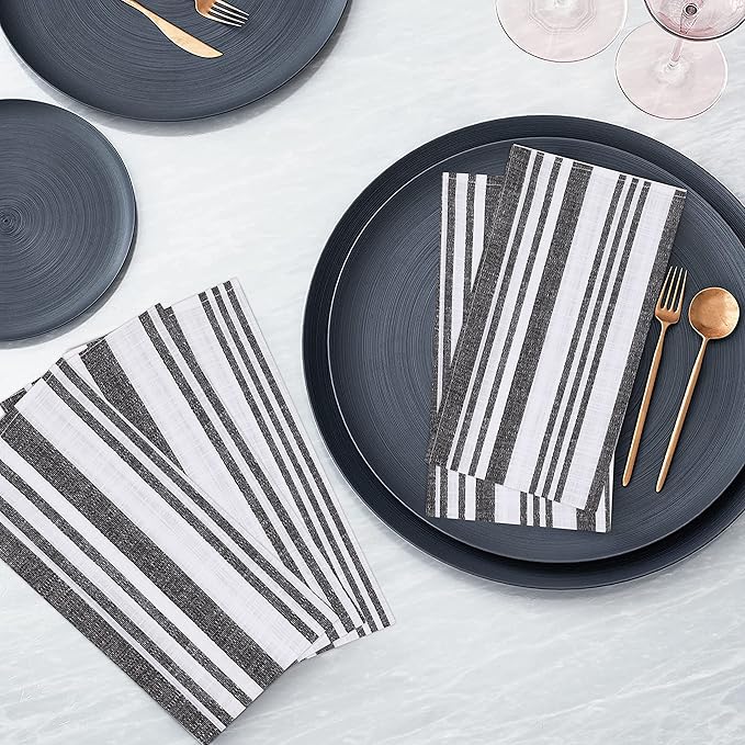 RUVANTI Cloth Napkins Set of 12 Cotton 100%, 20x20 Inches Napkins Cloth Washable, Soft, Absorbent. Cotton Napkins for Parties, Christmas, Thanksgiving, Weddings, Dinner Napkins Cloth - Grey Stripes
