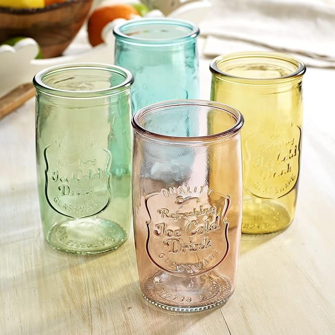 Glaver's Colored Glassware, Ice Cold Drinking Glasses Set of 4 – 18 Oz Vintage Glass Cups for Kitchen, Dining Table – Multi- Colors Glass Tumblers. Hand Wash.