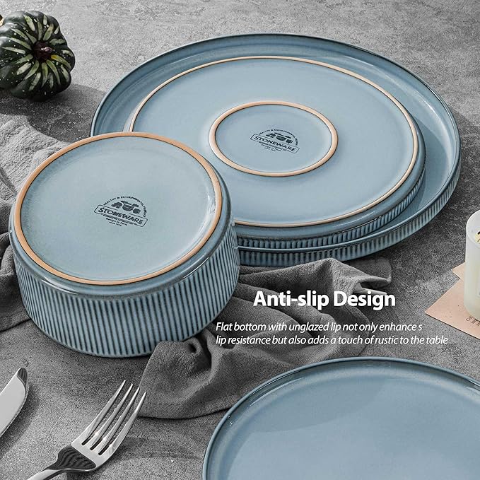 LIANYU Dinnerware Stoneware Sets with Pasta Bowls, 16 Piece Plates and Bowls Set for 4, Ribbed Dishes Set for Home, Microwave and Dishwasher Safe, Slate Blue