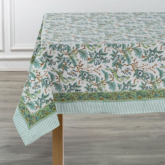 Ridhi Sage and Russian Green Hand Block Print Cotton Rectangle Tablecloth 190 x 72 inch-Reusable Table Cover Decorative Everyday Use for Dining Room, Farmhouse, Thanksgiving, Christmas Wedding, Fall