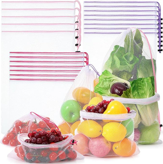 Frienda 20 Pcs Mesh Bags for Toys Storage 3 Sizes Reusable Produce Bags with Drawstring for Beach Bath Pool Toy Organizer, Fruits Vegetable Grocery Playroom Storage(Pink, Purple, Rose Red)