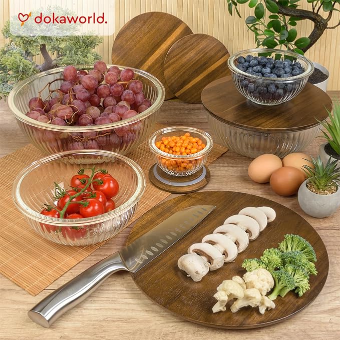 Stackable Space-Saving Set of 5 Nesting Glass Bowls with Acacia Lids for Foodprep, Storage, Mixing & Cooking - Microwave & Oven-ready BPA Free Durable Heat Resistant Inert Borosilicate Glass
