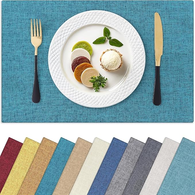 Homaxy Cloths Placemats for Dining Table Set of 8, Heat Resistant Washable Cotton Linen Blend Table Mats, Easy to Clean Place Mats for Indoor Outdoor Party Kitchen Decoration, 13" x 19", Teal