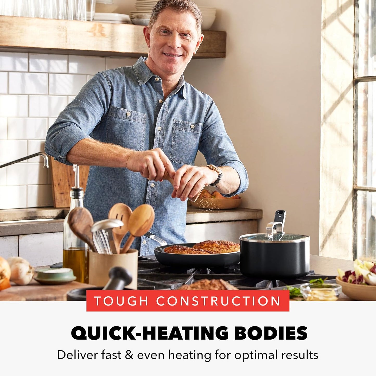 GreenPan x Bobby Flay 13 Piece Cookware Pots and Pans Set and 8" Chef's Knife. PFAS & PFOA-Free Ceramic Nonstick, Induction Suitable, Stay-Cool Silicone Handle, Dishwasher & Oven Safe, Black