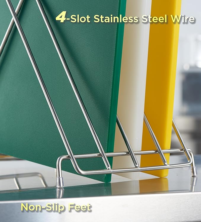 CURTA 4-Piece NSF 24" x 18" x 1/2" Multi-Colored Flexible Cutting Board Kit with Stainless steel Storage Rack, Color Coded Plastic Chopping Board with Anti Slip Surface Dishwasher Safe