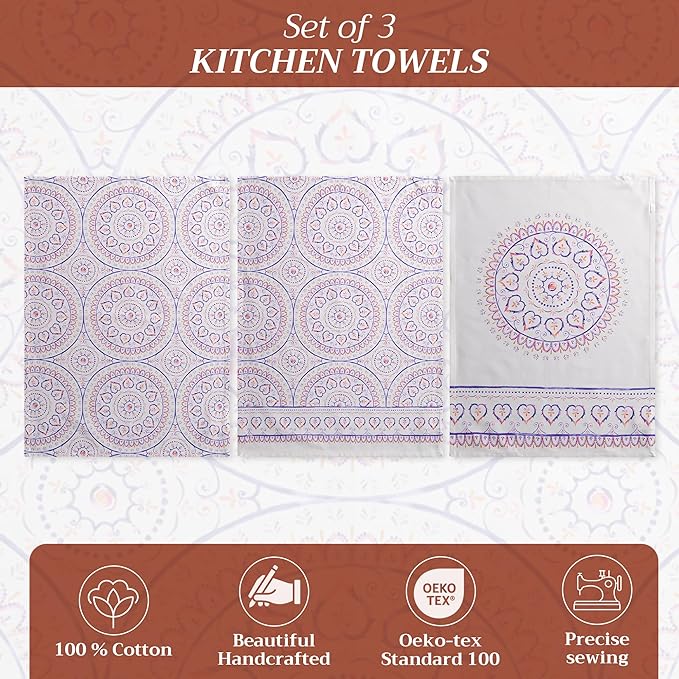 Maison d' Hermine Kitchen Towels Set of 3 100% Cotton 27.50" x 20" Reusable Cloth Tea Dish Towels Absorbent with Hanging Loop for Kitchen, Home, Dining, Cocktail Parties Spring/Summer (Mandala)