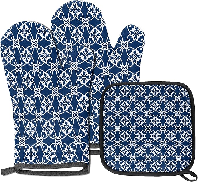 Oven Mitts Pot Holders Set 3 for Kitchen, Retro Mandala Insulation Oven Gloves Heat Resistant Pot Pads Cook Essentials Accessories for BBQ Baking Cooking Kitchen Decor Gifts for Women