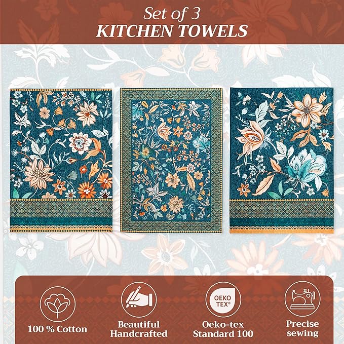 Maison d' Hermine Kitchen Towels Set of 3 100% Cotton 20" x 27.5" Reusable Cloth Tea Dish Towels Absorbent with Hanging Loop for Kitchen Thanksgiving Christmas Decorations (Luxury Loft - Dark Teal)