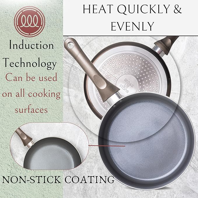 Moss & Stone 6 Pcs Dark Grey Nonstick Cookware Set, Pots And Pans Set Non stick With Glass Lid, Induction Cookware, Stay-Cool Handle PTFE/PFOA Kitchen Pots 6-Piece with Frying Pans & Saucepan