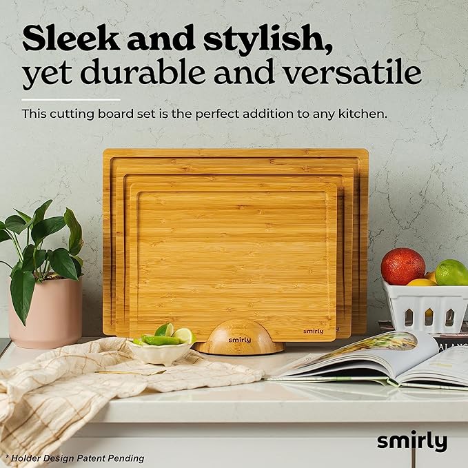 SMIRLY Wooden Cutting Boards For Kitchen Meal Prep & Serving - Bamboo Cutting Board Set with Holder, Charcuterie & Chopping Board, Wood Cutting Board Set, Kitchen Gadgets