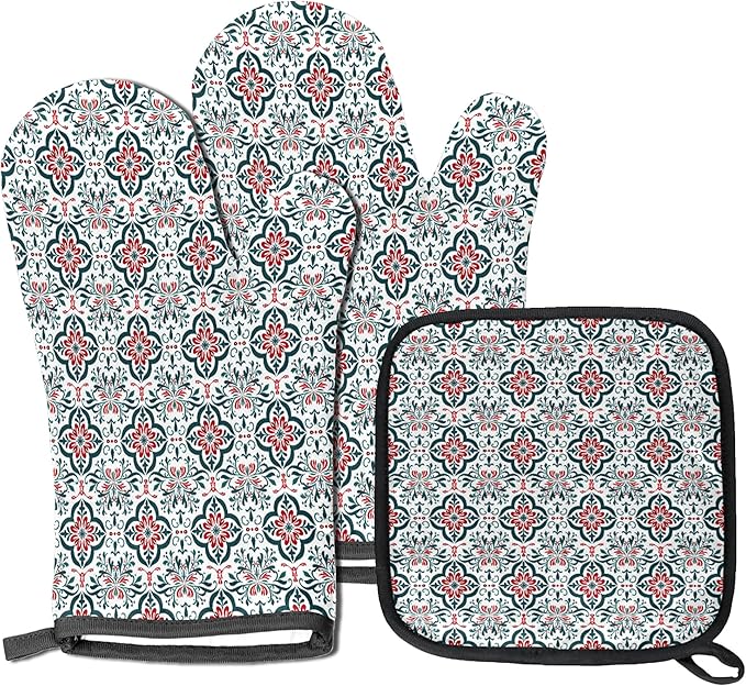 Oven Mitts Pot Holders Set 3 for Kitchen, Mandala Pattern Insulation Oven Gloves Heat Resistant Pot Pads Cook Essentials Accessories for BBQ Baking Cooking Kitchen Decor Gifts for Women