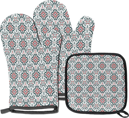 Oven Mitts Pot Holders Set 3 for Kitchen, Mandala Pattern Insulation Oven Gloves Heat Resistant Pot Pads Cook Essentials Accessories for BBQ Baking Cooking Kitchen Decor Gifts for Women