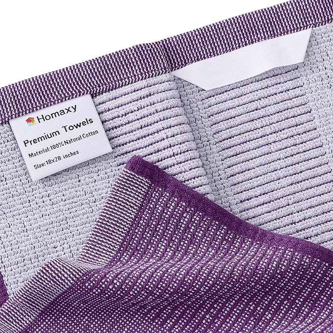 Homaxy Premium Kitchen Towels(18”x 28”, 8 Pack), Large Cotton Kitchen Hand Towels, Flat and Terry Dish Towels, 380 GSM Highly Absorbent Tea Towel Set with Hanging Loop, Purple