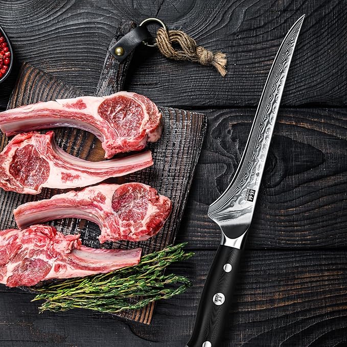 SHAN ZU 7 Inch Fillet Knife, Japanese Steel Damascus Boning Knife, Professional Sharp High Carbon Super Steel Kitchen Utility Knife with Ergonomic G10 Glass Fiber Handle