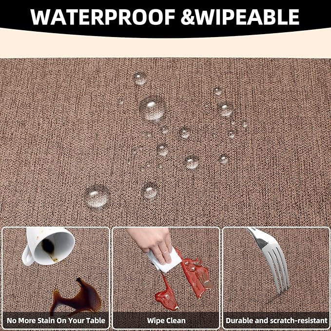 Vinyl Placemats Set of 6-12×17.7 Inch Waterproof & Heattable Placemats, Fall Faux Leather Wipeable Outdoor Table Mat for Dining, Kitchen, Indoor Outdoor Use (Brown, Linen Texture)