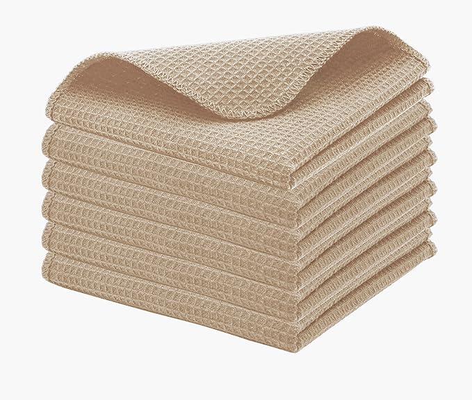 PurpleEssences Dish Cloths and Dish Rags - 6 Pack Waffle Weave Solid Kitchen Dish Wash Cloths, 100% Cotton, 12 x 12 Inches, Ultra Soft Absorbent Quick Drying - Christmas Holiday Winter - Beige