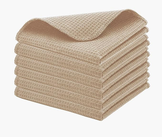 PurpleEssences Dish Cloths and Dish Rags - 6 Pack Waffle Weave Solid Kitchen Dish Wash Cloths, 100% Cotton, 12 x 12 Inches, Ultra Soft Absorbent Quick Drying - Christmas Holiday Winter - Beige