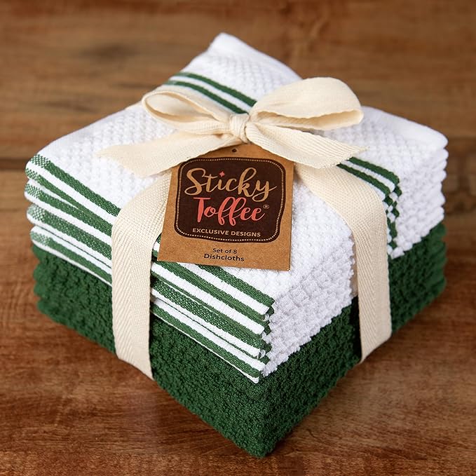 Sticky Toffee Cotton Dishcloths Set of 8 – 12x12 in Dark Green and White Dish Towels, Reusable and Absorbent Tea Towels for Cleaning or Drying, Oeko-Tex Cotton