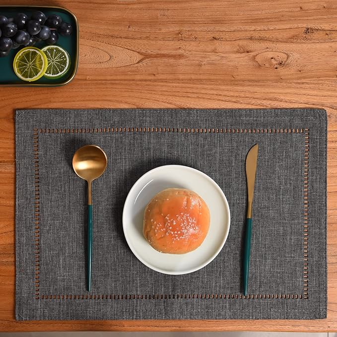 Tosewever Set of 4 Decorative Linen Placemats 12 x 18 Inches, Farmhouse Style Table Mats for Everyday Dining Wedding Party Holiday Home Decor (4 Pieces 12 x 18”, Grey/Straight)