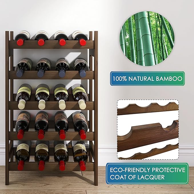 SMIBUY Bamboo Wine Rack, 20 Bottles Display Holder, 5-Tier Free Standing Storage Shelves for Kitchen, Pantry, Cellar, Bar (Walnut)