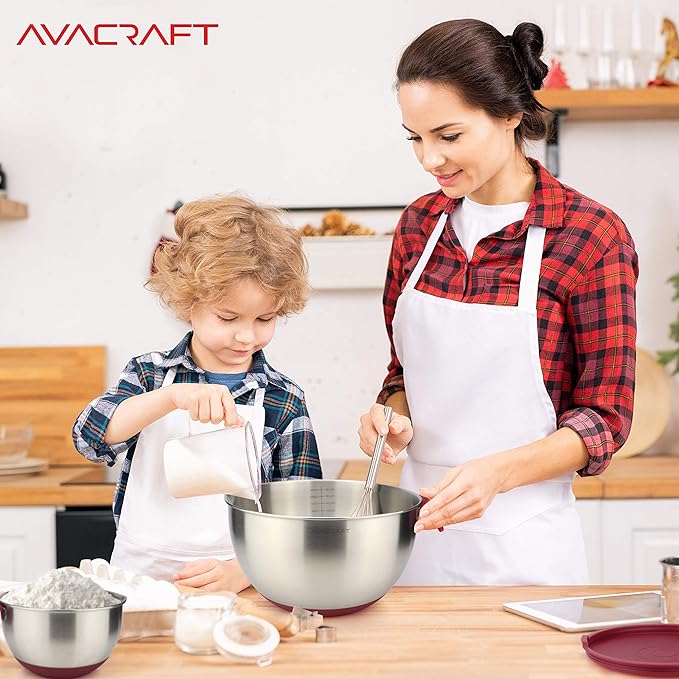 AVACRAFT 18/10 Stainless Steel Mixing Bowls with Lids, non slip silicone base bowls with Handle, Mixing Bowl Set with Pour Spouts & Measurement Marks, Home Essentials Cooking Bowls, (Red)