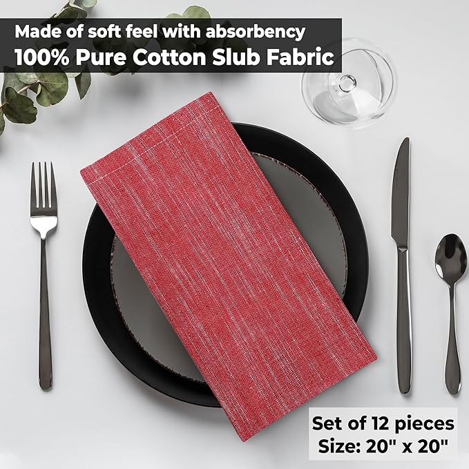 Urban Villa Dinner Napkins Red White Chambray Cloth Napkins (Set of 12) Oversized 20x20 Inches 100% Cotton Slub Premium Quality Soft Durable Mitered Corners Reusable Washable Everyday Use Napkins