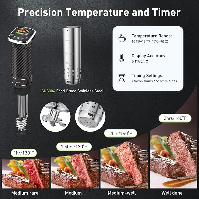 KitchenBoss Wifi Sous Vide Cooker: Sous Vide Machine Ultra-quiet 1100W Precision Cooking Machine Built-in TFT Recipes, IPX7 Waterproof Immersion Circulator Precise Temperature Control, Carbon Black
