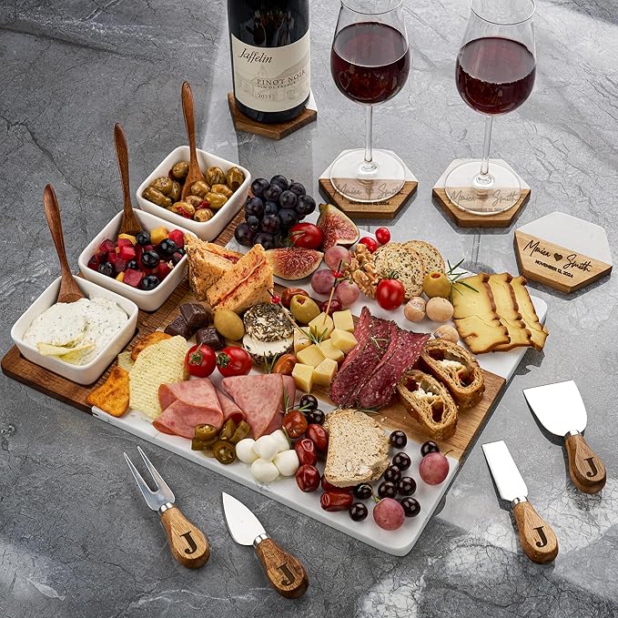 AWESOMETIK Luxury Personalized Acacia Wood & Marble Cheese Board – Custom Engraved Charcuterie Board with Knife Set – Bridal Shower & Housewarming Gift