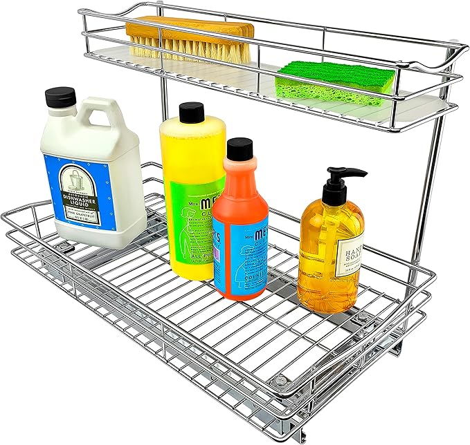 LYNK PROFESSIONAL® Pull Out Under Sink Kitchen Cabinet Organizer - 11.5 in. x 18 inch deep Drawer - Sliding Shelf Organizer for Cabinets and Undersink Storage Shelves - Lifetime Ltd. Warranty – Chrome