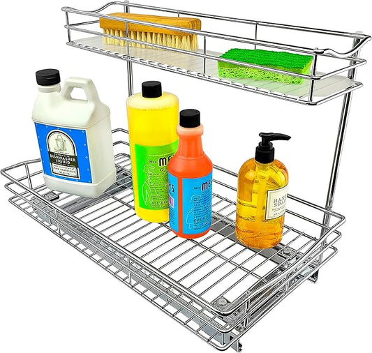 LYNK PROFESSIONAL® Pull Out Under Sink Kitchen Cabinet Organizer - 11.5 in. x 18 inch deep Drawer - Sliding Shelf Organizer for Cabinets and Undersink Storage Shelves - Lifetime Ltd. Warranty – Chrome