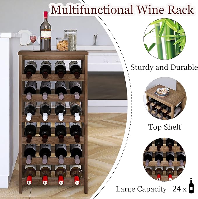 24-Bottle Wine Rack, 6 Tier Bamboo Wine Display Storage Shelves with Tabletop, Floor Freestanding Wine Bottle Holder with Wobble-Free Shelves, Walnut