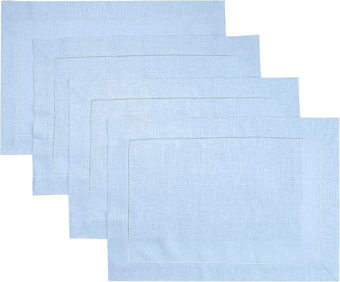 D'Moksha Homes Powder Blue Linen Cloth Placemats Set of 4-100% Pure Linen Hemstitch Placemats 14 x 19 Inch - Classic Hemstitch Table Place Mats for Thanksgiving - Handcrafted and Machine Washable