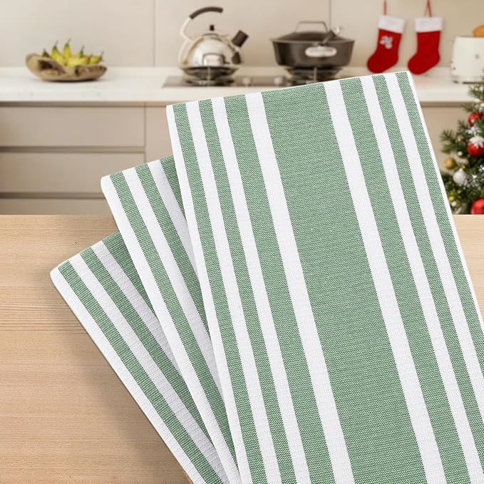 Homaxy Premium Kitchen Towels 18”x 28”, Large Cotton 380 GSM Kitchen Hand Towels, Stripe and Terry Dish Towel, Highly Absorbent Tea Towel Set with Hanging Loop, 6 Pack, Grass Green