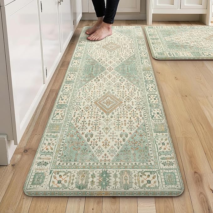GENIMO Kitchen Mats for Floor 2PCs, Washable Anti Fatigue Mat for Cushioned, 17.3"x59"+17.3"x30", Waterproof Kitchen Rugs, Non Slip Comfort Standing Mat Rug for Home, Sink, Laundry, Green