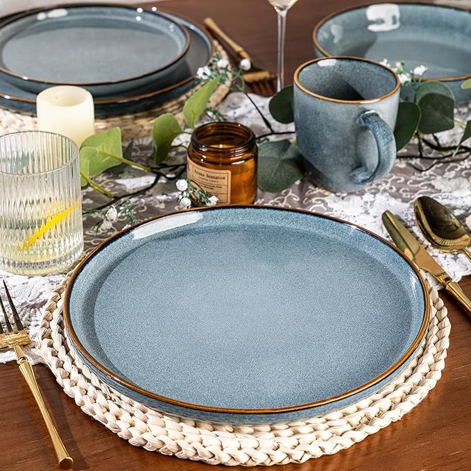 GBHOME Ceramic Dinnerware Sets for 8, 24 Pieces Stoneware Plates and Bowls Sets, Scratch Resistant Dishes, Dishwasher & Microwave Safe, Reactive Glaze-Space Blue